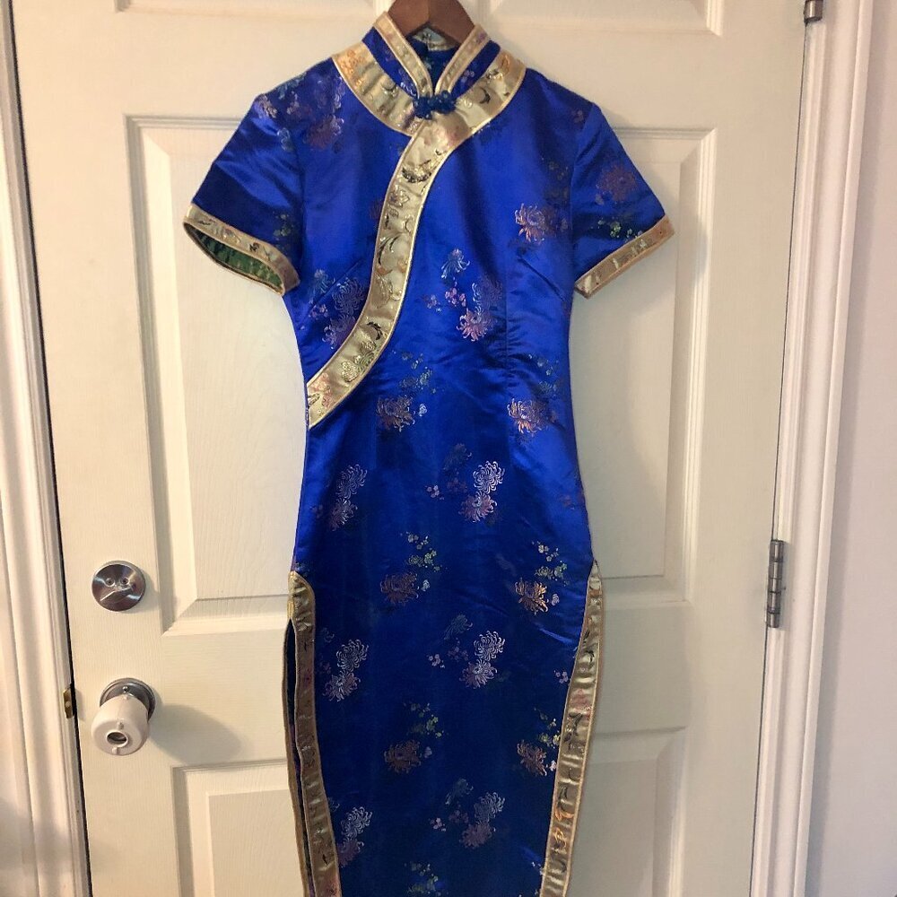 XXS Blue Chinese Traditional Cheongsam Qipao Dress Floral Embroidery Gold Trim